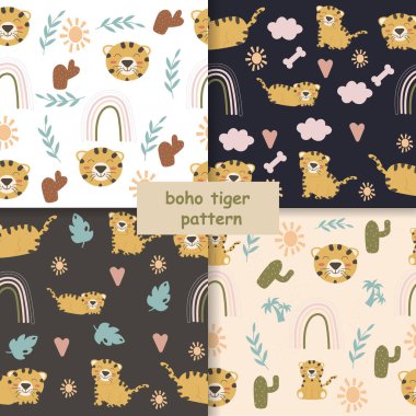 Seamless children's tiger pattern in boho style. Vector illustration 