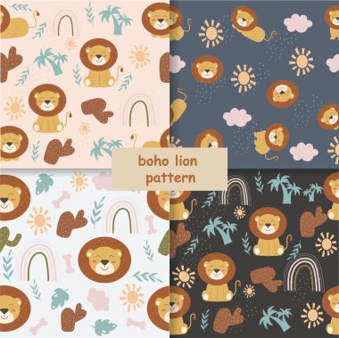 Seamless children's lion pattern in boho style. Vector illustration 