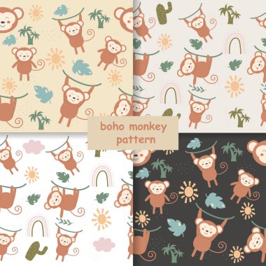 Seamless children's monkey pattern in boho style. Vector illustration 