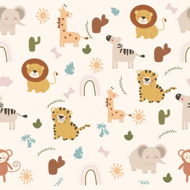 Seamless child's pattern of animals in boho style. Vector illustration 