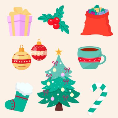 Set of drawn Christmas holiday elements Vector illustration.