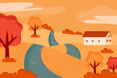 Flat autumn background, landscape with a house. Vector illustration