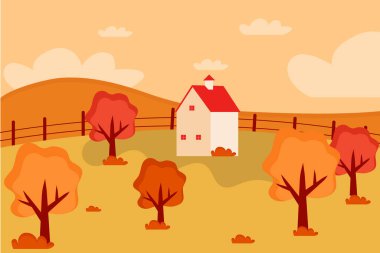 Flat autumn background, landscape. Vector illustration