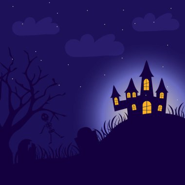 Cadılar Bayramı geçmişi, iskelet posteri. Vektör illüstrasyonu