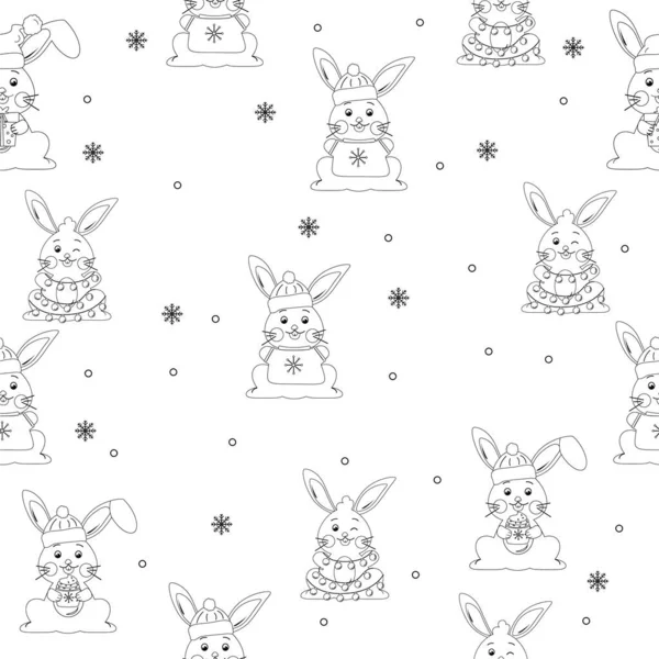 Seamless Outline Christmas Bunny Pattern Vector Illustration — Stock Vector