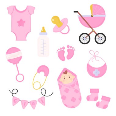 Bir kız için suluboya bir parti için bir takım elementler. Vektör illüstrasyonu