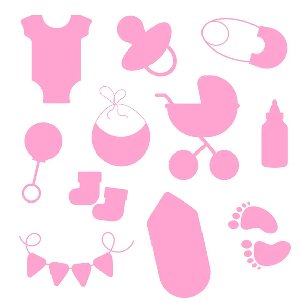 Sada Růžových Siluetových Prvků Pro Dětské Sprchy Vektorová Ilustrace — Stockový vektor