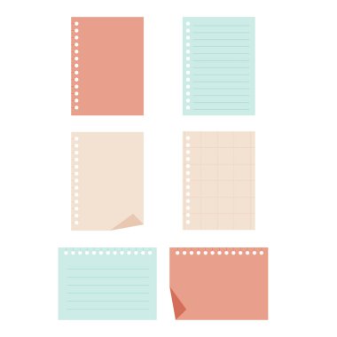 Boş kağıt notlar, defter için çıkartmalar. Vektör illüstrasyonu