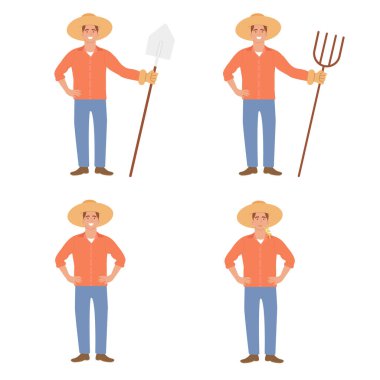 Kürekli çiftçi, dirgenli. Vektör illüstrasyonu