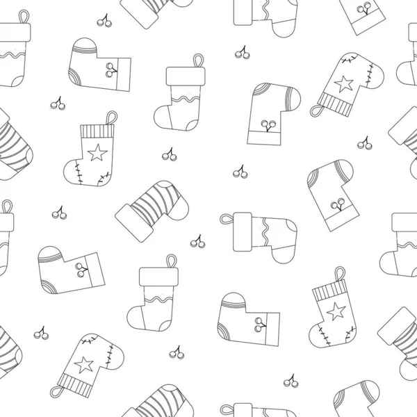 Weihnachtliche Sockenmuster Umreißen Schwarz Und Weiß Vektorillustration — Stockvektor
