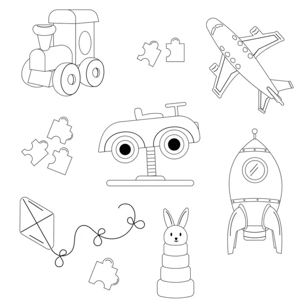 Collectie Van Kinderspeelgoed Omtrek Auto Stoommachine Raket Vliegtuig Haas Vlieger — Stockvector