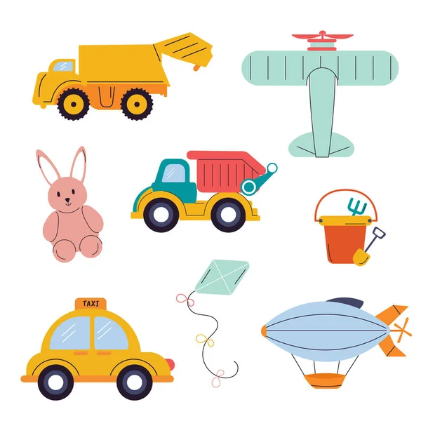 Une Collection Jouets Pour Enfants Voiture Avion Lièvre Cerf Volant — Image vectorielle