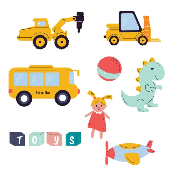 Une Collection Jouets Pour Enfants Tracteur Bus Poupée Dinosaure Balle — Image vectorielle