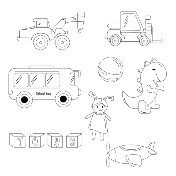 Sammlung Von Kinderspielzeug Umreißen Traktor Bus Puppe Dinosaurier Ball Hubschrauber — Stockvektor
