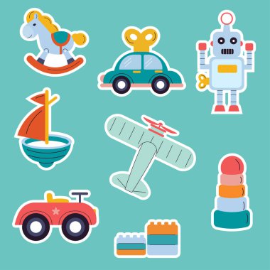 Çocuk oyuncakları için çıkartma seti. Araba, tekne, midilli, robot