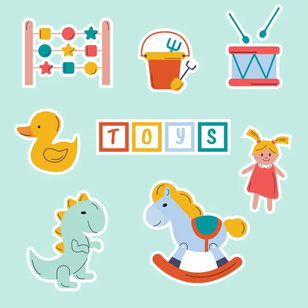 Set Stickers Children Toys Pony Doll Dice Duck Dinosaur Drum — Stock Vector