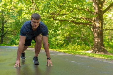 Parkta koşan bir sporcu ormanda, meşe ağaçlarında yeşil çimenler genç sporcu ormanda koşuyor açık havada sağlıklı bir erkek. Sonbahar enerji kaynağı, koşucular
