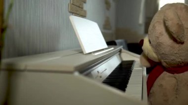 Oyuncak ayı evin dairesinde beyaz bir piyano çalıyor.