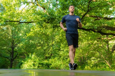 Parkta koşan bir sporcu, ormanın etrafında, meşe ağaçları yeşil çimenler genç sporcu doğası, fitness eğlence maratonu, orman esneme hareketleri...