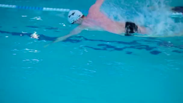 Spor havuzunda profesyonel yüzücü sağlıklı bir yaşam tarzı konseptinde yüzme şapkası yavaş yavaş havuz aktivitesi, öğleden sonra başarı ve kas canlılığında felç yaşam tarzı, eğlence korkusuzluğu. Derinden boşalt — Stok video