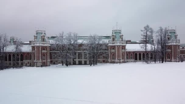 Caritsyno Moskwa rosyjski pałac park, zewnętrzny mróz śnieg zimny przyroda, słoneczny turystyka. Punkt orientacyjny podróży — Wideo stockowe