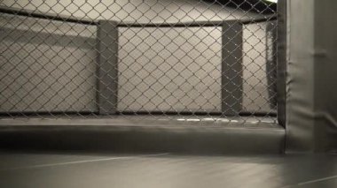 Mma kafes konsepti spor yaşam tarzı, sağlıklı mma arena kafesi boş rekabeti, sanat sahnesinden, en üst düzey Jujitsu karatesinden ışıklar. Kas turnuvası, kickboks.