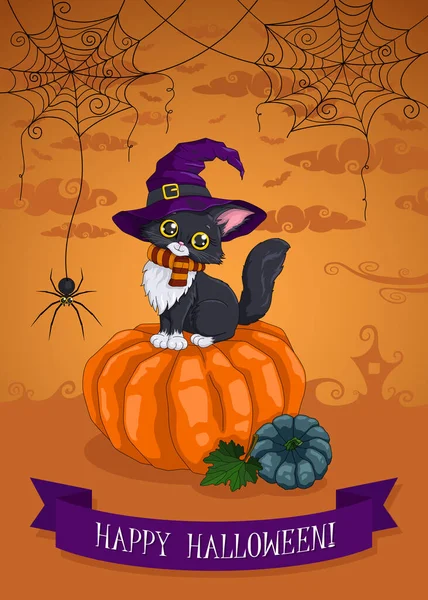 Happy Halloween Einladung Zeichentrickschwarzes Kätzchen Mit Hexenhut Sitzt Auf Einem — Stockvektor