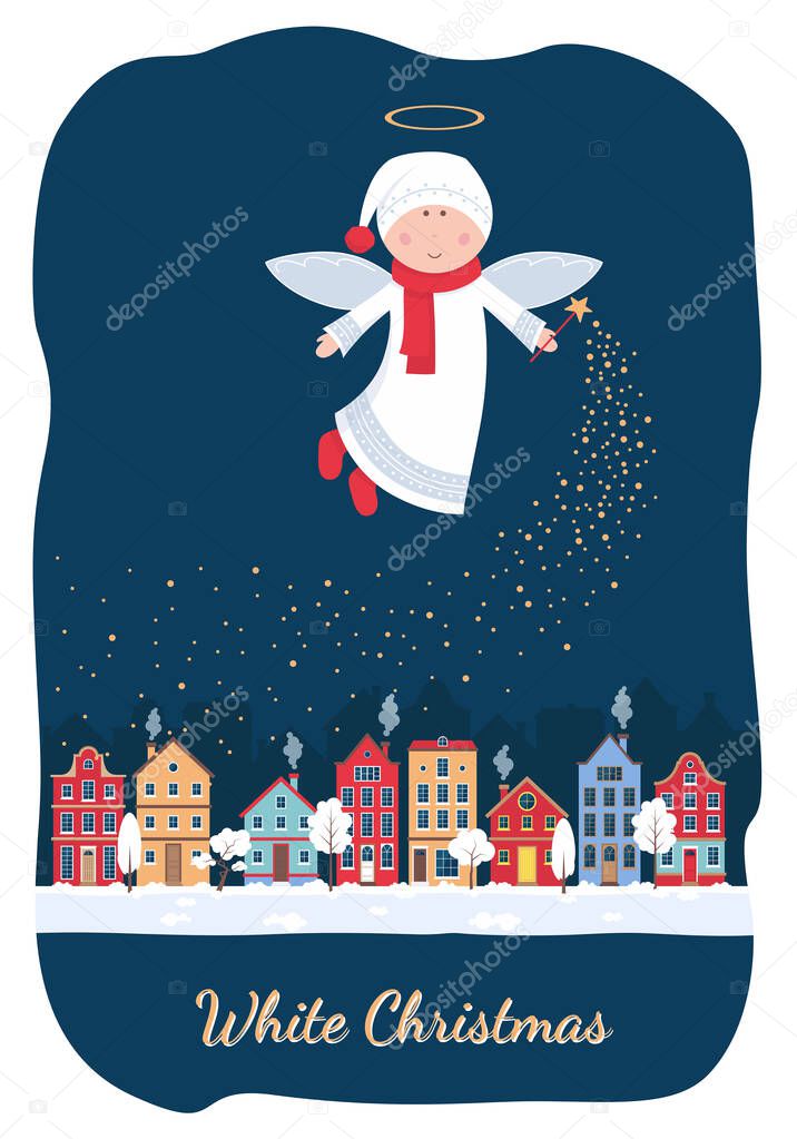 Merry Christmas Postcard. Cute sleepy angel flies over the night city with the magic wand in hand. Cartoon. Vector illustration.