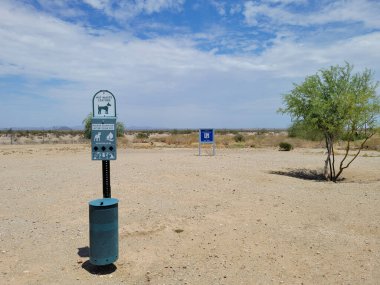 Pet Waste Station at Mohawk Interstate-8 westbound rest area in Arizona mountain desert