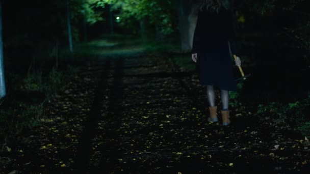 Strašidelná žena v parku s kladivem — Stock video