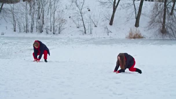 Een jonge gelukkige vrouw is plezier hebben in een winterpark, gooien sneeuw, het is koud in haar handen, de emissies zijn off scale. — Stockvideo