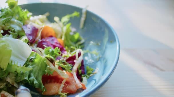 Cozinhar em casa. tradução foco, salada. close-up. preparação de salada. — Vídeo de Stock