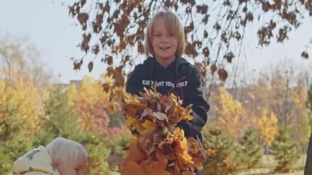 Enfants heureux garçon et fille jettent feuilles vers le haut et se réjouissent. — Video