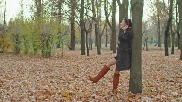 Feliz mulher brincalhão em casaco, chapéu e cachecol no parque de outono — Vídeo de Stock