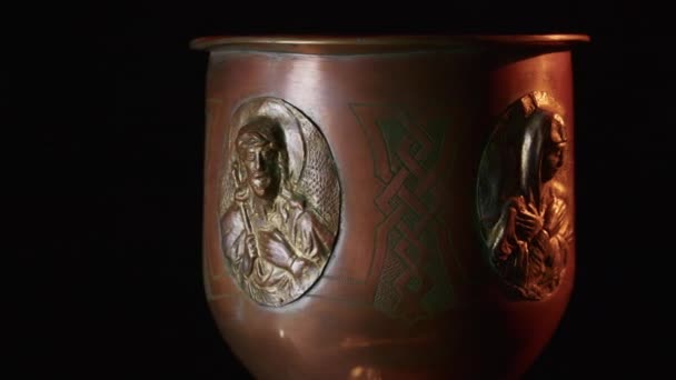 Copper bowl for the Christian rite. found during excavations. vintage jewelry. religion. close-up — Stock Video