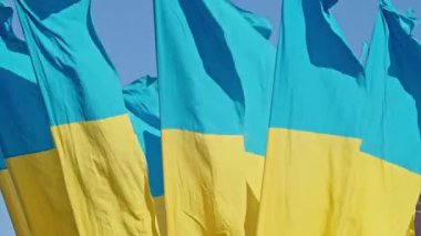 Ukrayna bayrağı, büyük bir bayrak direğinde mavi gökyüzünün arka planında dalgalanan ipek bir bayrak..