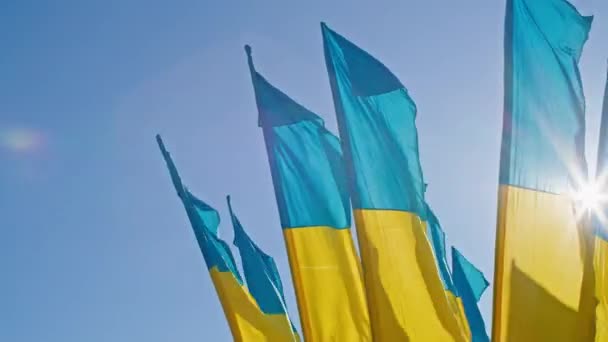 Le drapeau de l'Ukraine, un drapeau de soie agitant sur le fond du ciel bleu couchant sur un grand mât. — Video