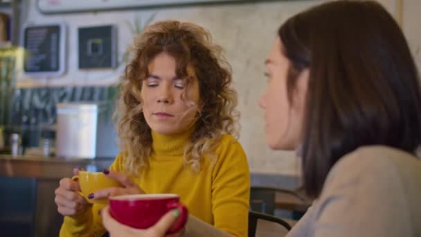 İki mutlu kadın birlikte bir kafede, restoranda, hafif atmosferde, yaşam tarzında vakit geçiriyorlar. Birlikte kahve içelim.. — Stok video