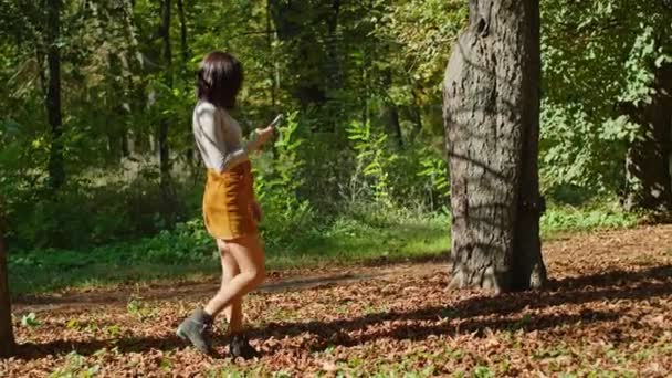 Mujer joven mensajes de texto por teléfono en el parque de otoño. humor de otoño. juventud y belleza. — Vídeo de stock