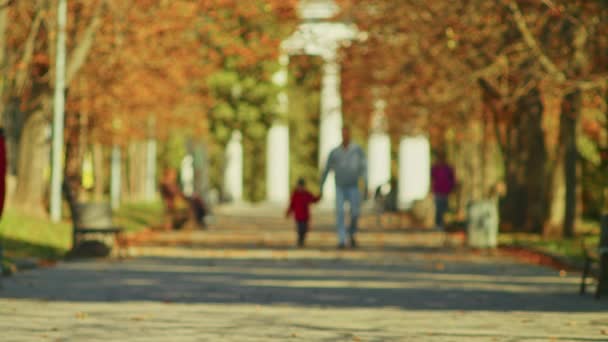 Кривой Рог, Украина - 10.18.2021 осенний парк. Счастливые люди гуляют в осеннем парке, с детьми, друзьями. — стоковое видео