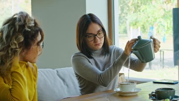 Due ragazze felici che chiacchierano al telefono. godendo del tempo insieme. giornate estive. — Video Stock