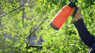 Çiftçi bahçedeki ağaçları ilaçlıyor. Tarım. Toplu çiftlikte tarımcı. İşçi çiftlikte çalışıyor. Tarım konsepti. İş Çiftliği, Bahar