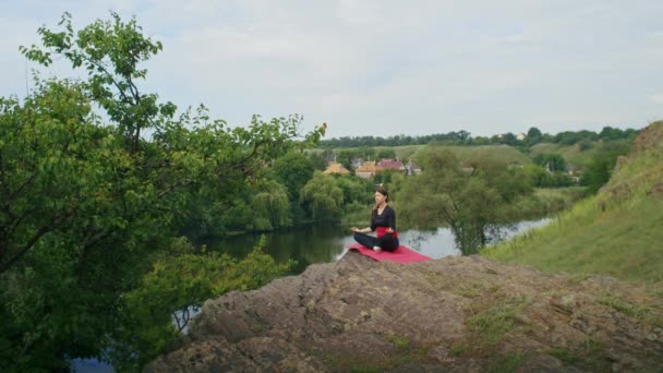 快乐的年轻女子在户外做瑜伽 夏天大自然的呼吸练习 — 图库视频影像