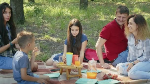 Happy Company Mom Dad Son Daughter Friends Having Picnic Forest — Stock Video