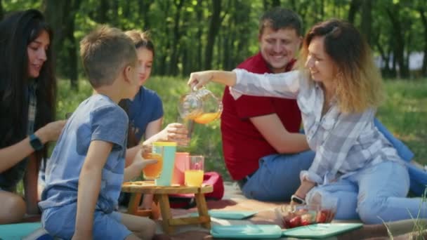 Счастливая Компания Мама Папа Сын Дочь Друзья Устраивают Пикник Лесу — стоковое видео