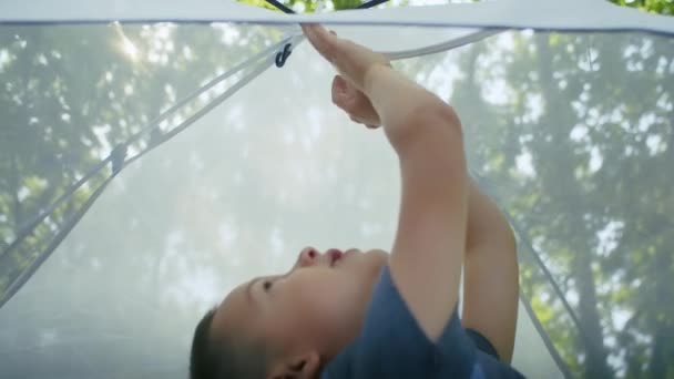 Niño Entrega Una Tienda Campaña Vacaciones Familiares Verano Bosque — Vídeo de stock