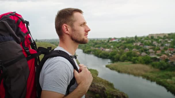 Happy Young Man Mountains Rejoices Standing Backdrop Beautiful Landscape Vacation — Stock Video