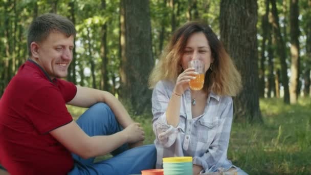 Young Woman Drinking Juice Forest Family Camping — Stock Video