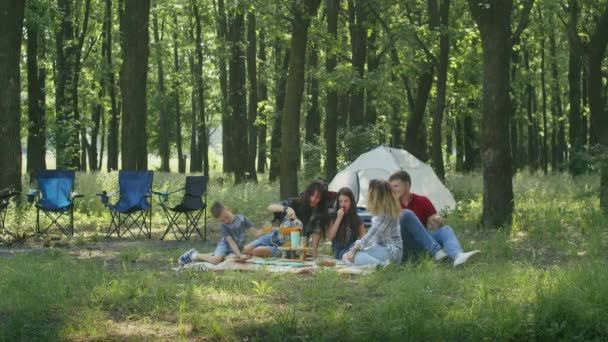 Happy Company Mom Dad Son Daughter Friends Having Picnic Forest — Stock Video