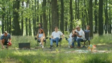 Mutlu arkadaşlar, anne, baba, oğul, kız ve arkadaşları orman bölgesinde piknik yapıyorlar. Aile yazın kamp yapıyor. Forest City Park 'ta çadırda dinleniyor.